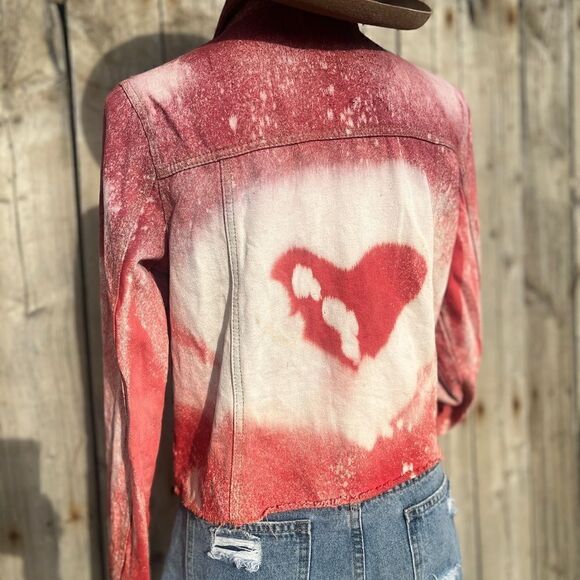 🤠REFASHIONED DYED CROPPED DISTRESSED RED JEAN JACKET SIZE SM - Picture 5 of 8